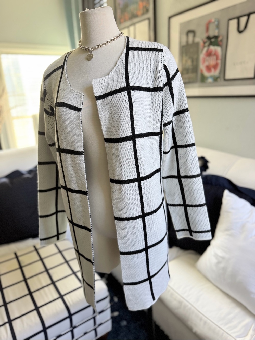 Black and White Grid Open Cardigan